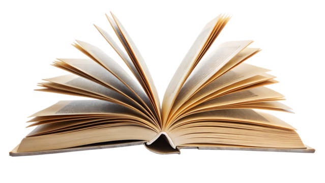 An old book with its pages fanned open, isolated on transparent background