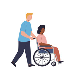 Obraz premium Person pushing another person in a wheelchair in flat vector side view, soft pastel colors, friendly and inclusive design on white background