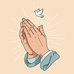 Praying hands with light rays and a small dove above, flat vector illustration in soft pastel colors, spiritual and peaceful mood