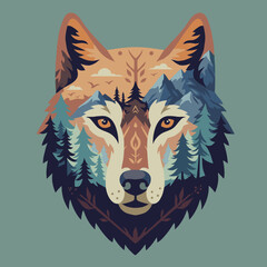 Fototapeta premium Wolf mask combined with trees and mountains, symbolic artistic flat vector design, nature-inspired composition on pastel green background