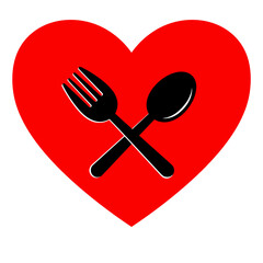 Heart with crossed fork and spoon icon, flat design, solid red and black colors, clean lines, symmetrical layout, white background