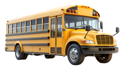 A classic yellow school bus stands ready for its route, isolated on transparent background, symbolizing education and safe transportation