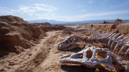 Dinosaur fossils in arid desert landscape under blue sky