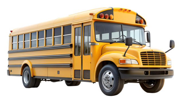 A classic yellow school bus stands ready for its route, isolated on transparent background, symbolizing education and safe transportation