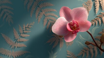 Pink Orchid with Teal Fern Background
