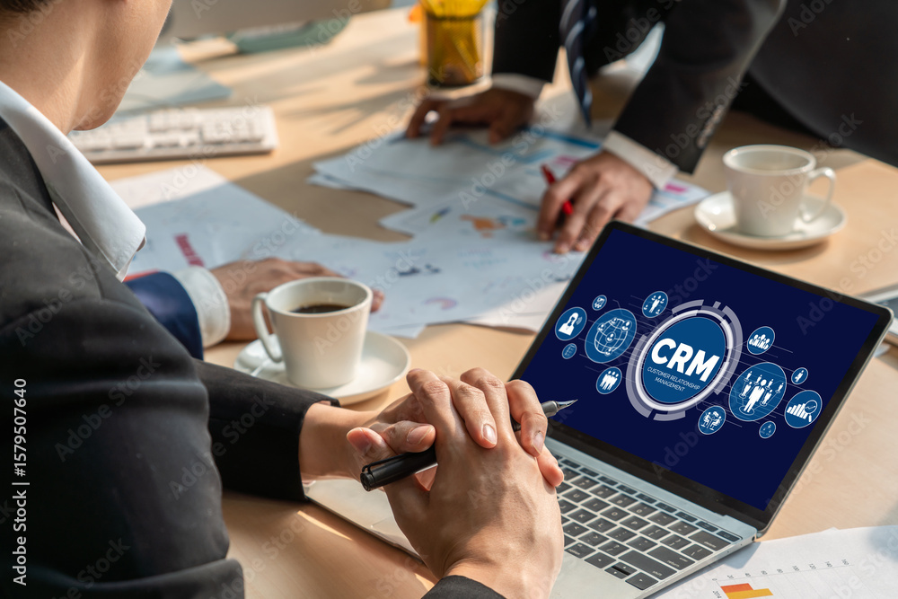 Aufkleber customer relationship management system on modish computer for crm business and enterprise