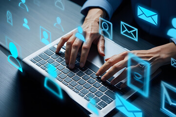 Hands typing on laptop with glowing blue digital icons keyboard