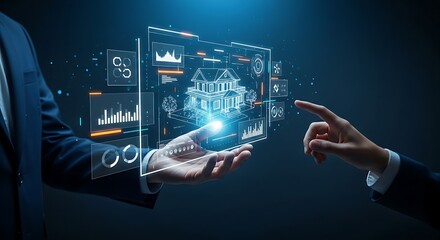 Real estate technology concept. A realtor's hand presents a holographic 3D virtual tour of a property to a client, symbolizing the future of property viewing.