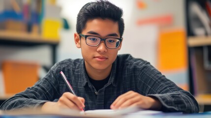 Focused Asian Teenager Writing in Classroom Setting
