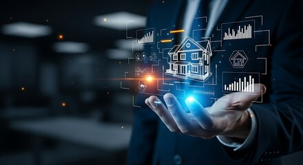 Real estate technology concept. A realtor's hand presents a holographic 3D virtual tour of a property to a client, symbolizing the future of property viewing.