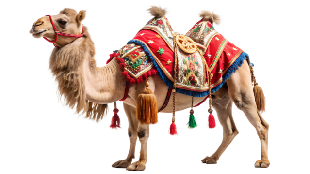 A decorated camel isolated on transparent background, ready for a journey with its ornate saddle and traditional attire