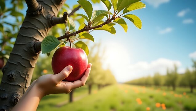 Hand holds a fresh, ripe red apple picked from an organic tree branch in an autumn orchard, ready for a healthy harvest