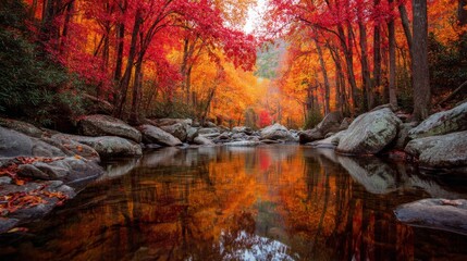 Autumn Stream Reflection in Red And Orange Forest