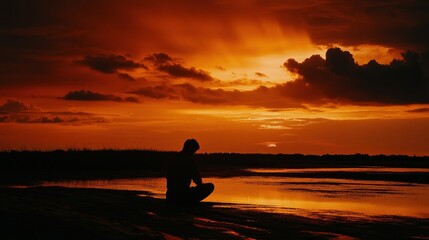 Fototapeta premium Silhouette of person at sunset over water
