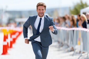 Businessman running on race track – success and leadership concept for corporate, career, and goal-oriented content