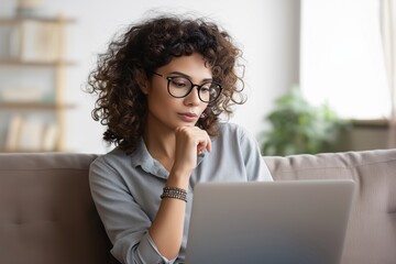 Thoughtful woman using laptop at home – remote work and lifestyle balance concept for tech, freelance, and editorial use