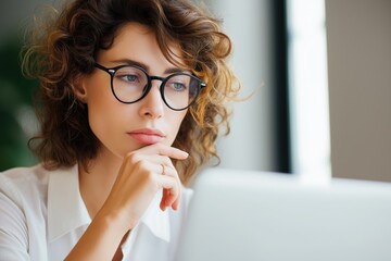 Focused woman using laptop by window – thought and productivity concept for business, education, and remote work visuals