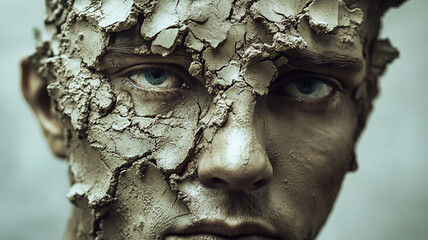 \A mana??s face is partially covered in melting mud, his eyes filled with sorrow. The texture resembles a crumbling statue, symbolizing emotional decay.