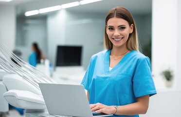 Young dental assistant working with laptop in modern clinic – healthcare tech and patient service concept