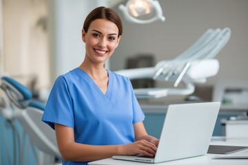 Professional dental hygienist working on laptop in clinic – oral health care and modern tech workflow concept