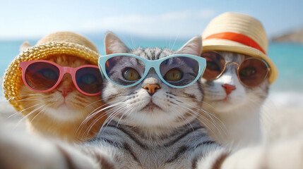 cute cats friends in hat on beach on vacation taking selfie on phone