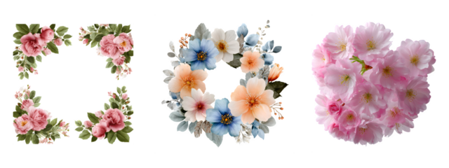 Floral arrangements and cherry blossoms isolated on transparent background