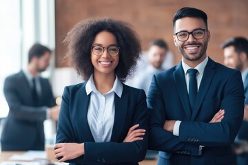 Confident business partners in suits standing in office – corporate teamwork and leadership concept