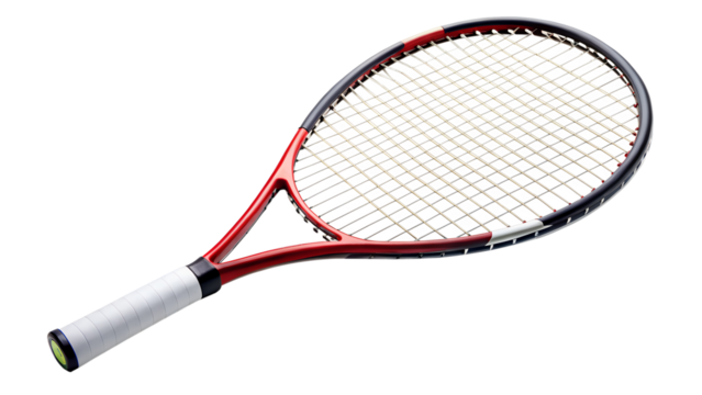 A red and black tennis racket is isolated on transparent background, ready for a competitive match