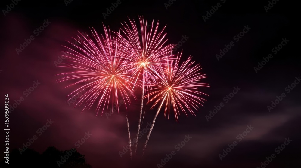 Poster photograph of a fireworks display. the sky is dark and filled with pink and red fireworks. the firew