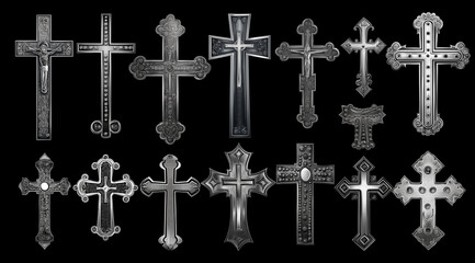 Set of metal crosses in various colors and styles, isolated on a transparent background. High-resolution cutout PNG vector file with detailed design, ideal for religious or decorative use