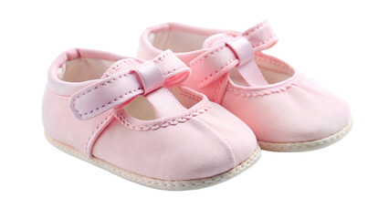 A pair of pink baby shoes with bows isolated on transparent background, perfect for a newborn girls first steps