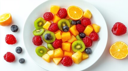 Fresh colorful fruit salad served on a white plate with clean minimal background, symbolizing healthy eating and natural nutrition.