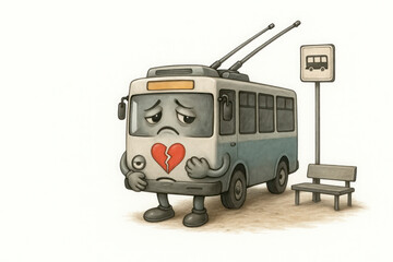 A sad trolleybus with a broken heart. Space for text.