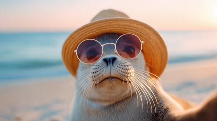 cute seal in hat and sunglasses on beach on vacation taking selfie on phone