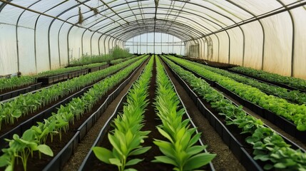 Young vegetable seedlings growing in neat rows inside a greenhouse, captured with natural lighting and shallow depth of field, representing agriculture and organic farming.