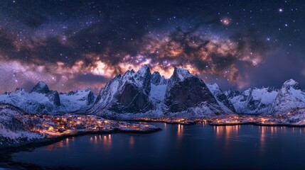 Panoramic night view of a village nestled in snowy mountains under a vibrant night sky