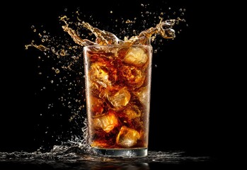 Cola drink with ice splashing in a clear glass on black background, dramatic motion ideal for beverage ads, summer drink marketing, and fizzy soda promotions