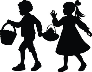 Kids with Easter Baskets Silhouette | Children Collecting Eggs Silhouette