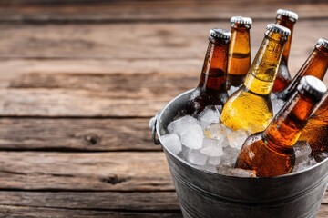 Chilled beer bottles in a metal bucket filled with ice on rustic wooden table, perfect for summer parties, BBQ events, bar promotions, and beverage advertisements