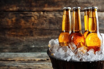 Golden beer bottles chilling in ice inside a black bucket on rustic wooden surface, ideal for summer bar menus, beverage ads, party flyers, and drink product branding