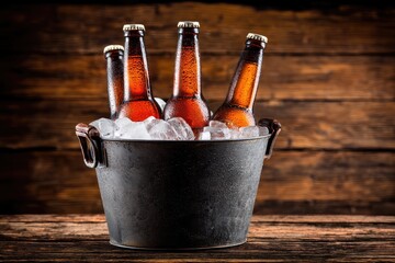 Frosty beer bottles resting in a vintage black bucket filled with ice on a wooden table, great for summer bar promotions, drink advertisements, and party visuals