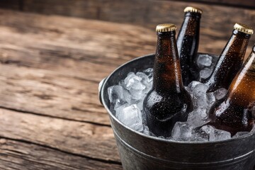 Dark beer bottles in a metal bucket packed with ice on wooden surface, perfect for bar ads, craft beer branding, party posters, and beverage promotions