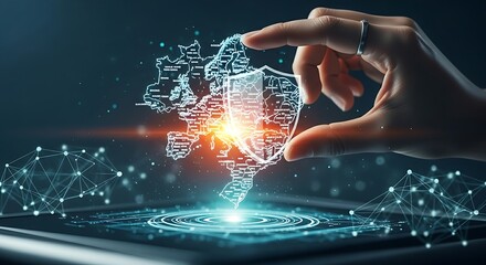 GDPR/LGPD data privacy compliance concept. Hand shielding a holographic map with a lock icon, symbolizing user personal data protection and security.