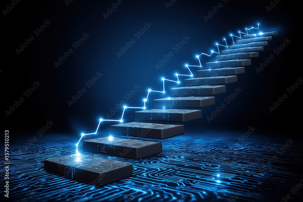 Poster digital staircase illuminated by glowing lines in a dark environment