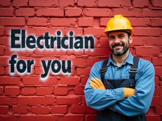 an electrician in front of a wall with graffiti advertising his services