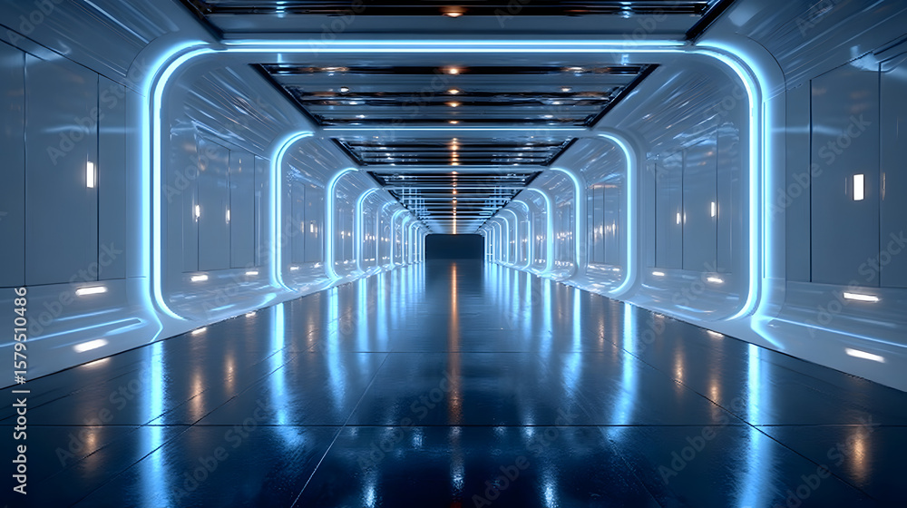 Poster abstract interior sci-fi spaceship corridors. futuristic design spaceship interior in blue backgroun