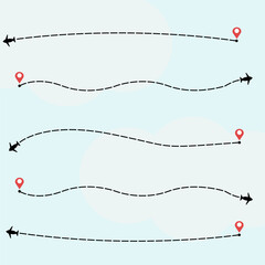 Airplane Travel Routes with Pins Vector Set