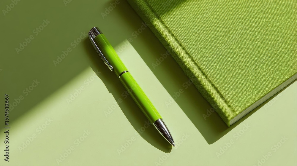 Poster green notebook and a pen on a light green background. the notebook is open and the pen is resting on