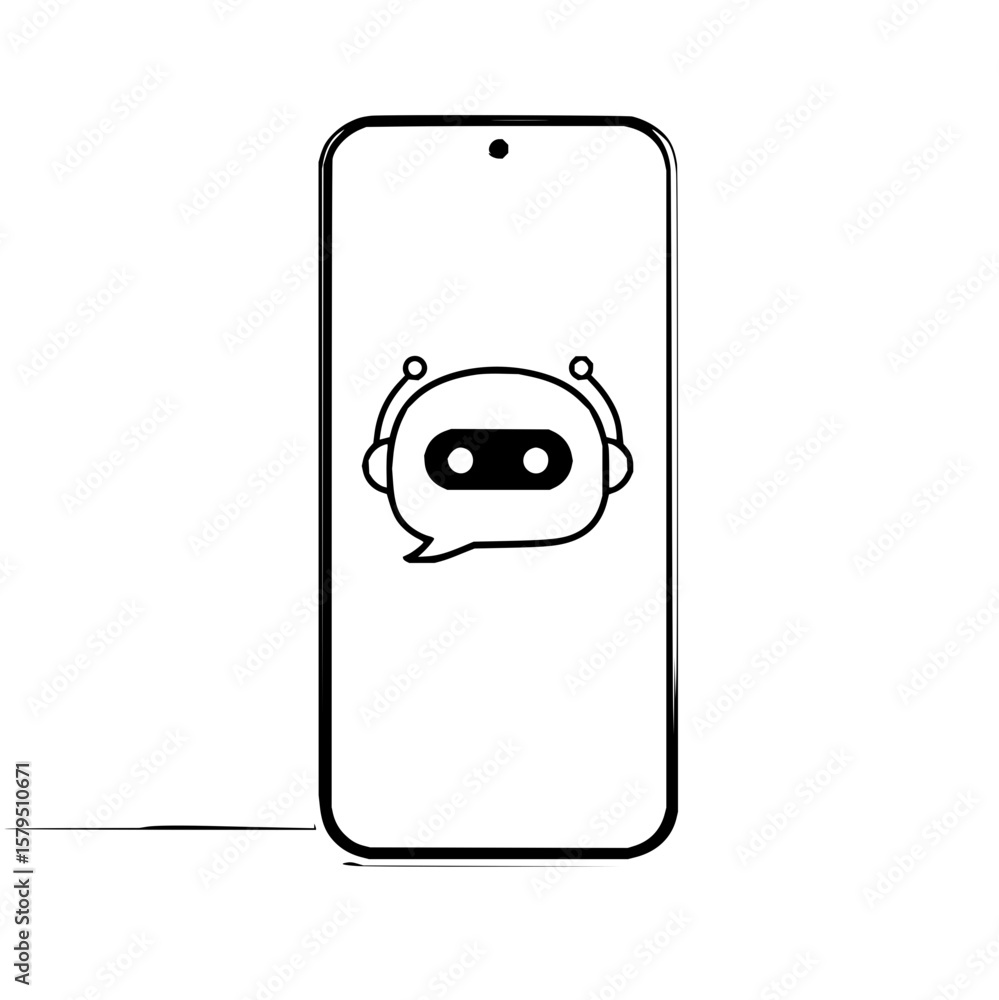 Poster smartphone displaying a chatbot icon within a speech bubble on its screen in a minimalist line art s