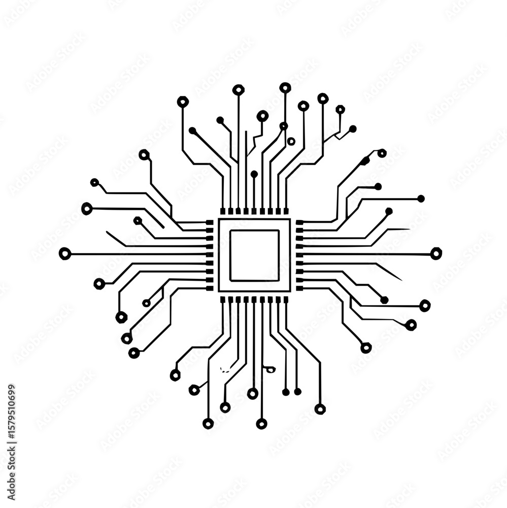 Poster illustration of a central processing unit with multiple connections in a symmetrical arrangement